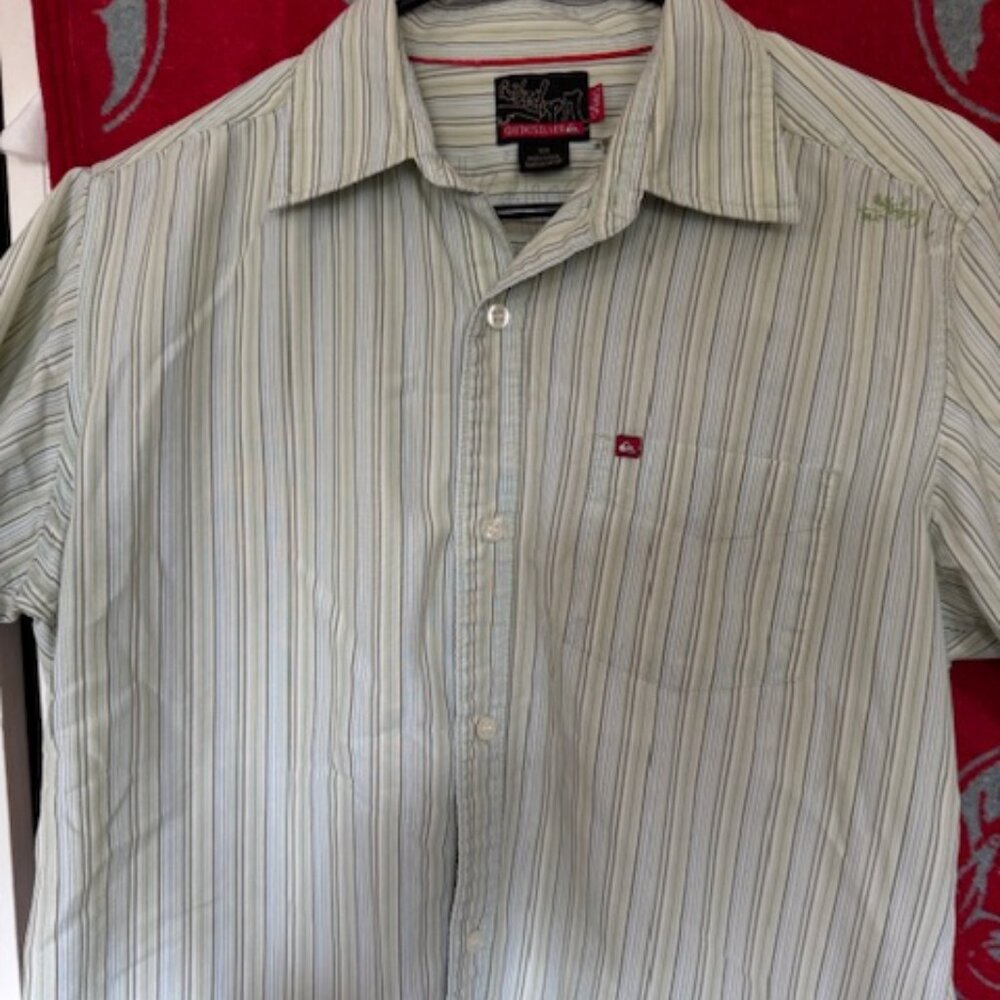 Quiksilver Green Striped Button Up Short Sleeve Shirt M Lion